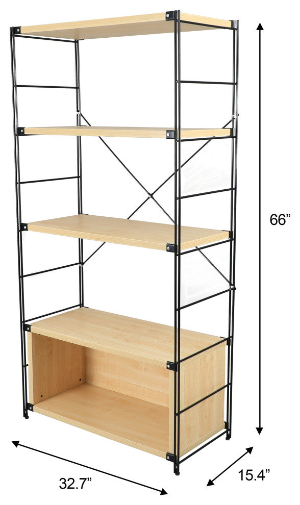 LeisureMod Brentwood Bookcase with Black Steel Frame, Natural Wood