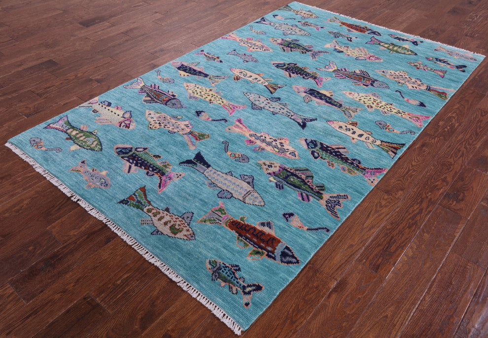 5' 1" X 8' 2" Gabbeh Fish Design Hand-Knotted Wool Rug - Q15349