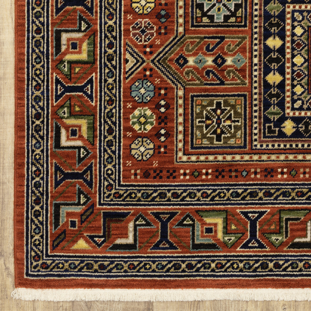 Lizbeth Aztec Border Red/Multi Wool Blend Fringed Area Rug, 2'X3'