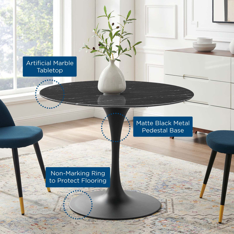 Dining Table, Round, Artificial Marble, Metal, Black, Modern, Bistro Restaurant