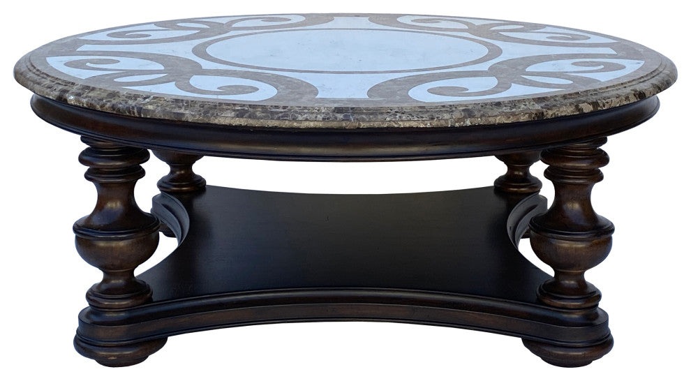 Vintage Estate Round Ribbon Cross Pattern Marble Top Coffee Table Hcs6081