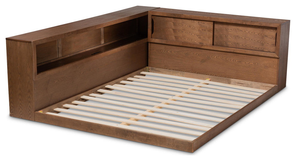 Superia Modern Walnut Brown Queen Size Platform Storage Bed With Built-In Outlet
