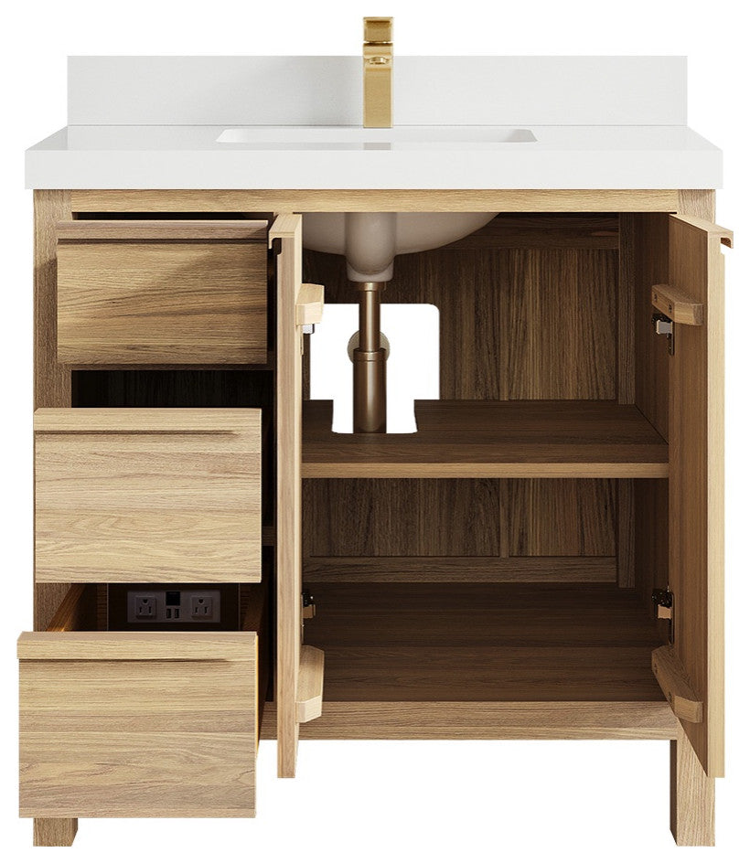 Elizabeth Oak 36" Center Sink Vanity, White 2" White Quartz