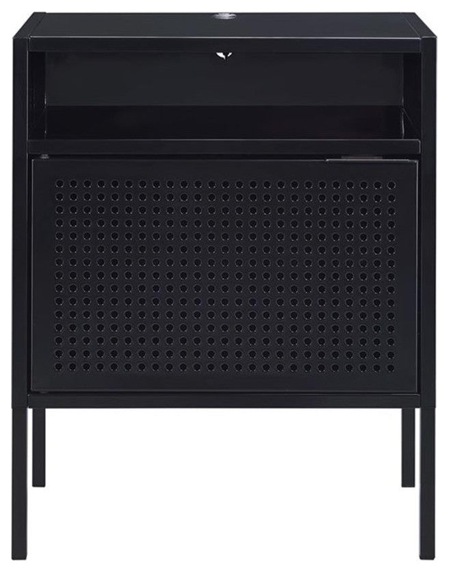 Bowery Hill Open Metal Shelf Nightstand with USB Port in Black