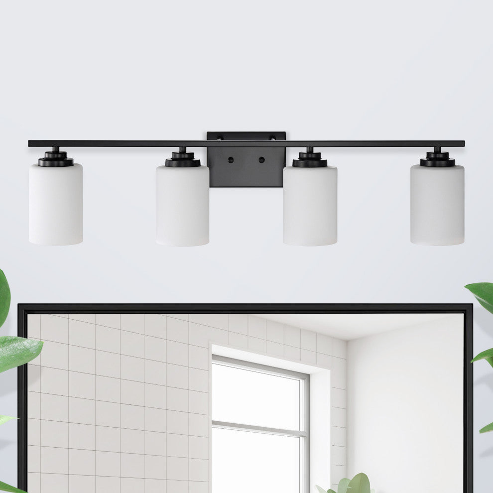 4-Light Matte Black Vanity With Etched White Glass Shades