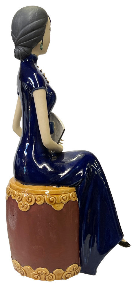 Chinese Oriental Ceramic Cheongsam Blue Qipao Dressing Lady Figure Hws3100