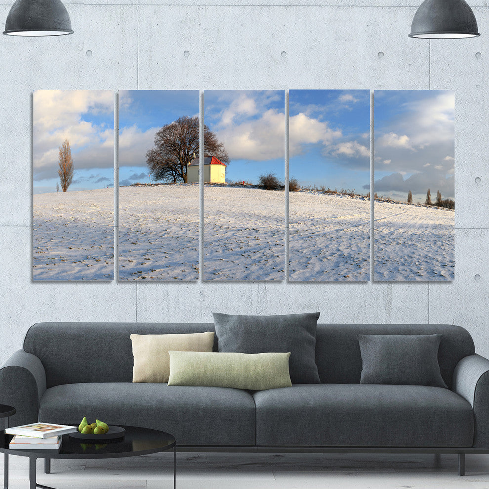 Winter Landscape with Chapel, Landscape Canvas Art Print, 60"x28", 5 Panels