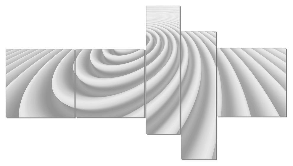 Fractal Rounded White 3D Waves, Abstract Canvas Art Print, 60"x32", 5 panels