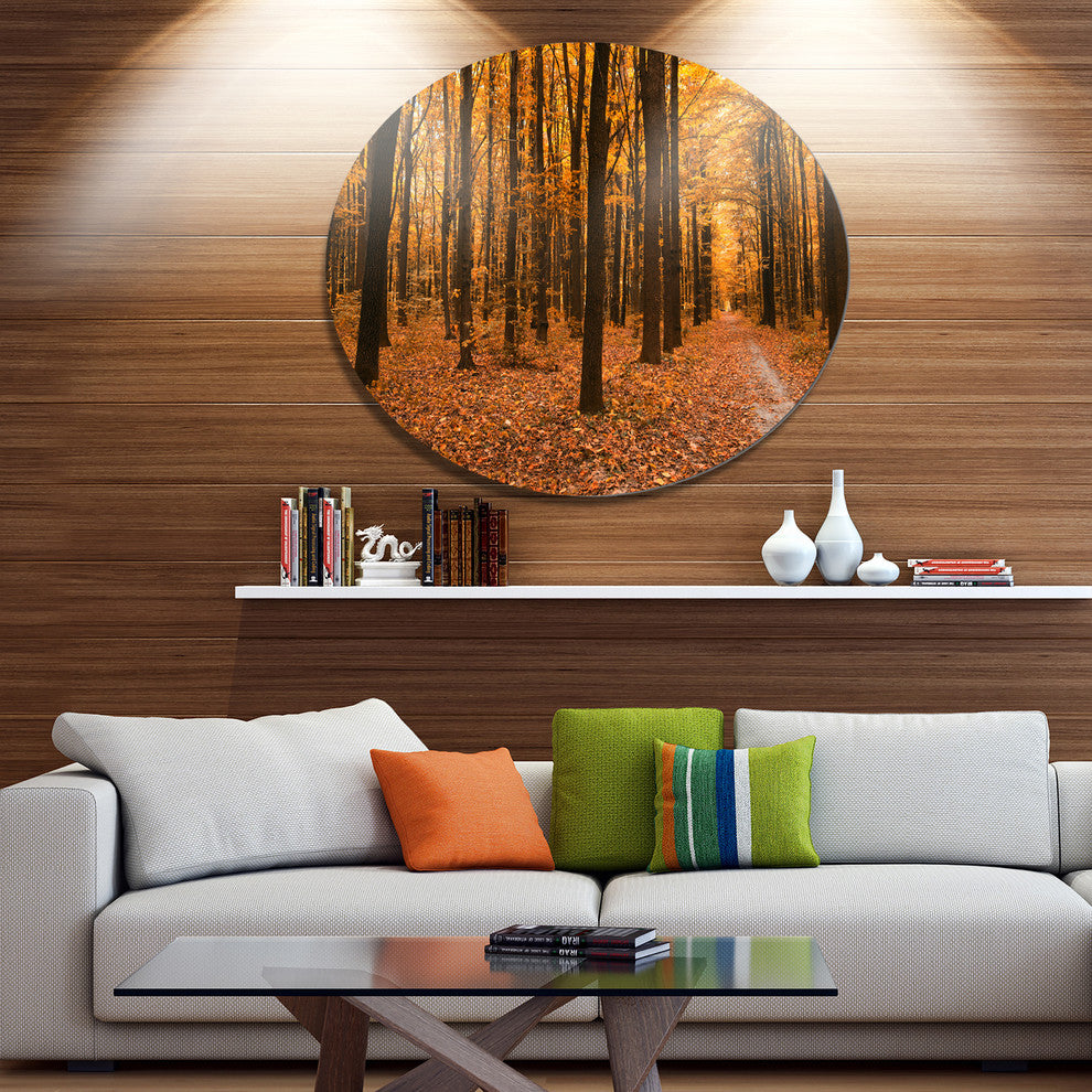 Yellow Trees And Fallen Leaves, Modern Forest Round Metal Wall Art, 36"