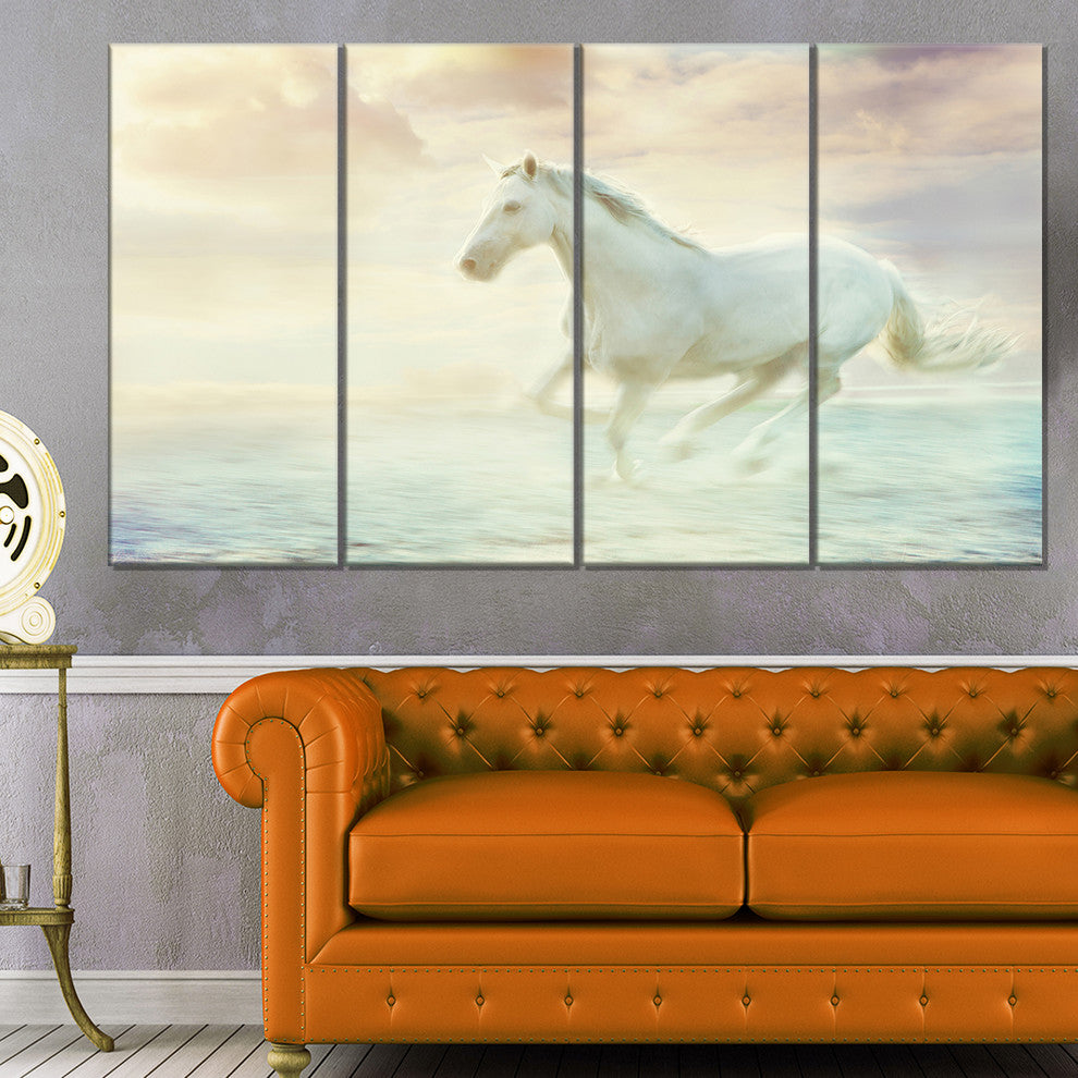 Fantasy White Horse, Animal Canvas Art Print, 48"x28", 4 Panels
