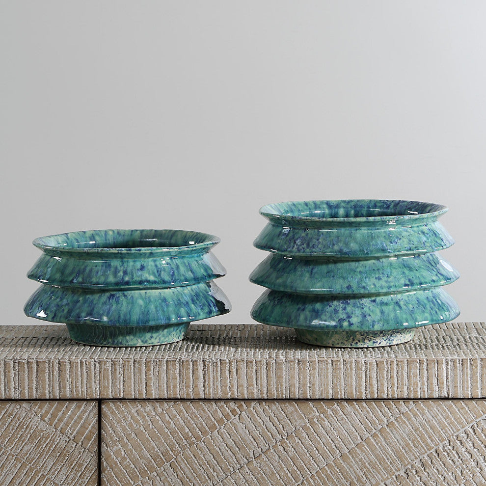 Uttermost 18147 ZigZag 10"W Ceramic Decorative Bowls - Set of 2 - Blue / Green
