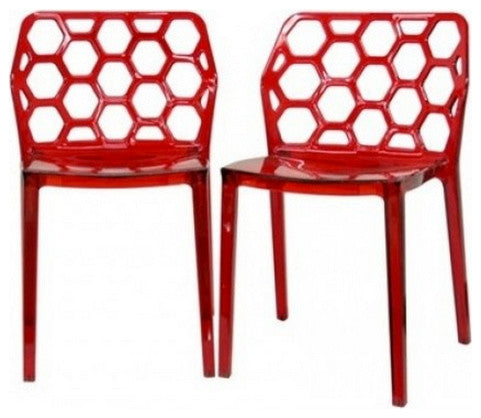 Honeycomb Acrylic Modern Dining Chairs, Set of 2, Red