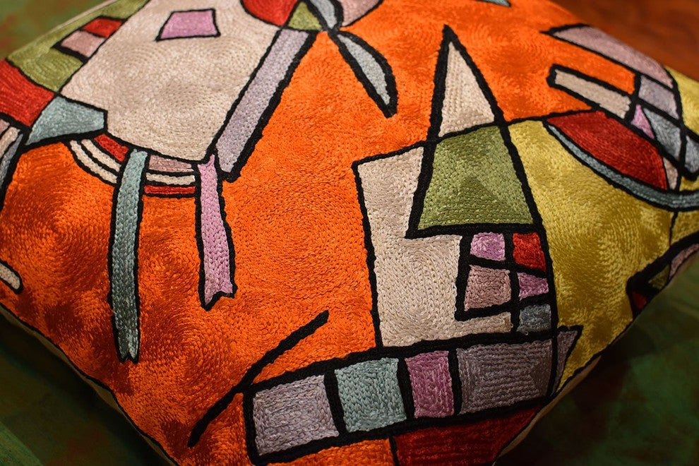 Kandinsky Orange Abstract Throw Pillow Cover Handembroidered Art Silk 18x18"