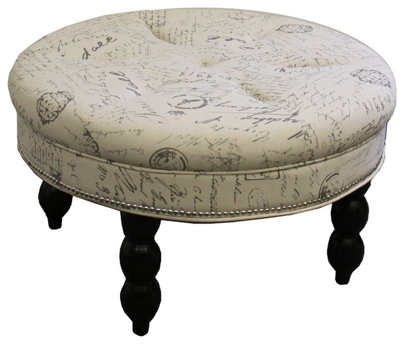 Vintage Look Postcard Print Round Ottoman