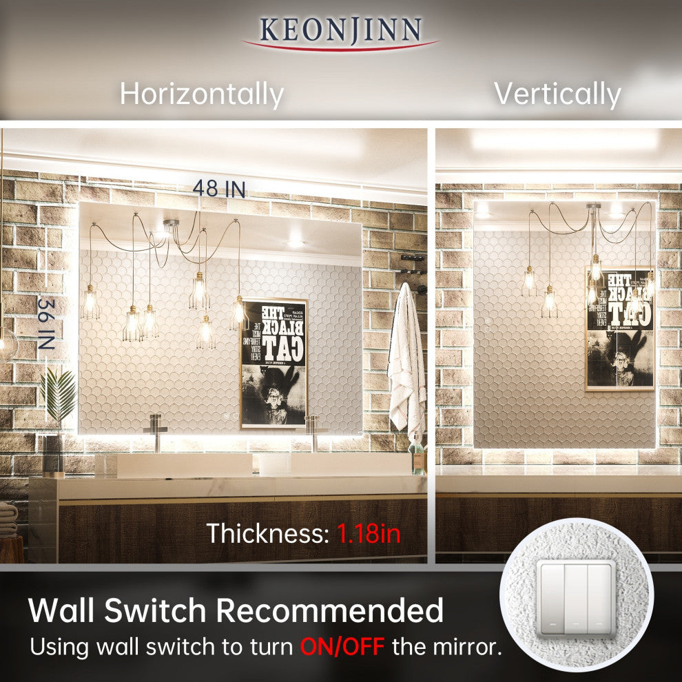 Backlit LED Mirror for Bathroom, Anti-Fog Dimmable, Silver, 48x36