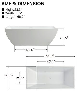 Vanity Art Acrylic Freestanding Soaking Bathtub, Pure White, 67"
