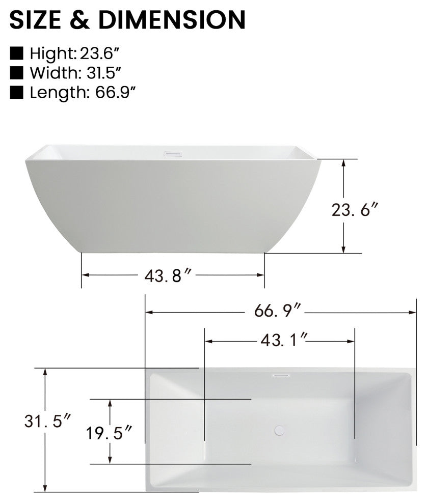 Vanity Art Acrylic Freestanding Soaking Bathtub, Pure White, 67"