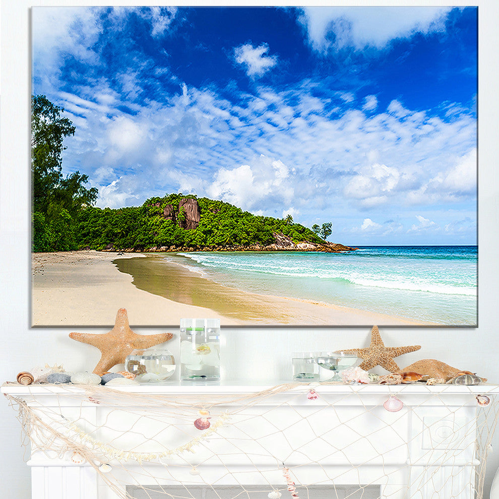 "Seychelles Tranquil Tropical Beach" Modern Seascape Canvas Artwork, 32"x16"