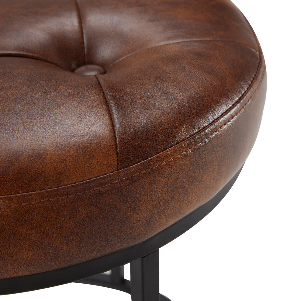 Round Open Base Faux Leather Vanity Stool, Yellowish Brown