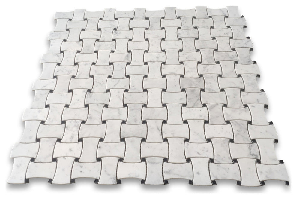 Carrara White Black Marble Dogbone Wicker Weave Mosaic Tile Honed, 1 sheet