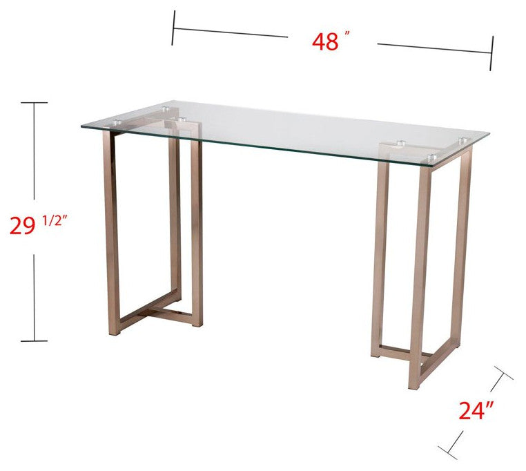 Contemporary Desk, Champagne Finished Metal Base With Clear Tempered Glass Top