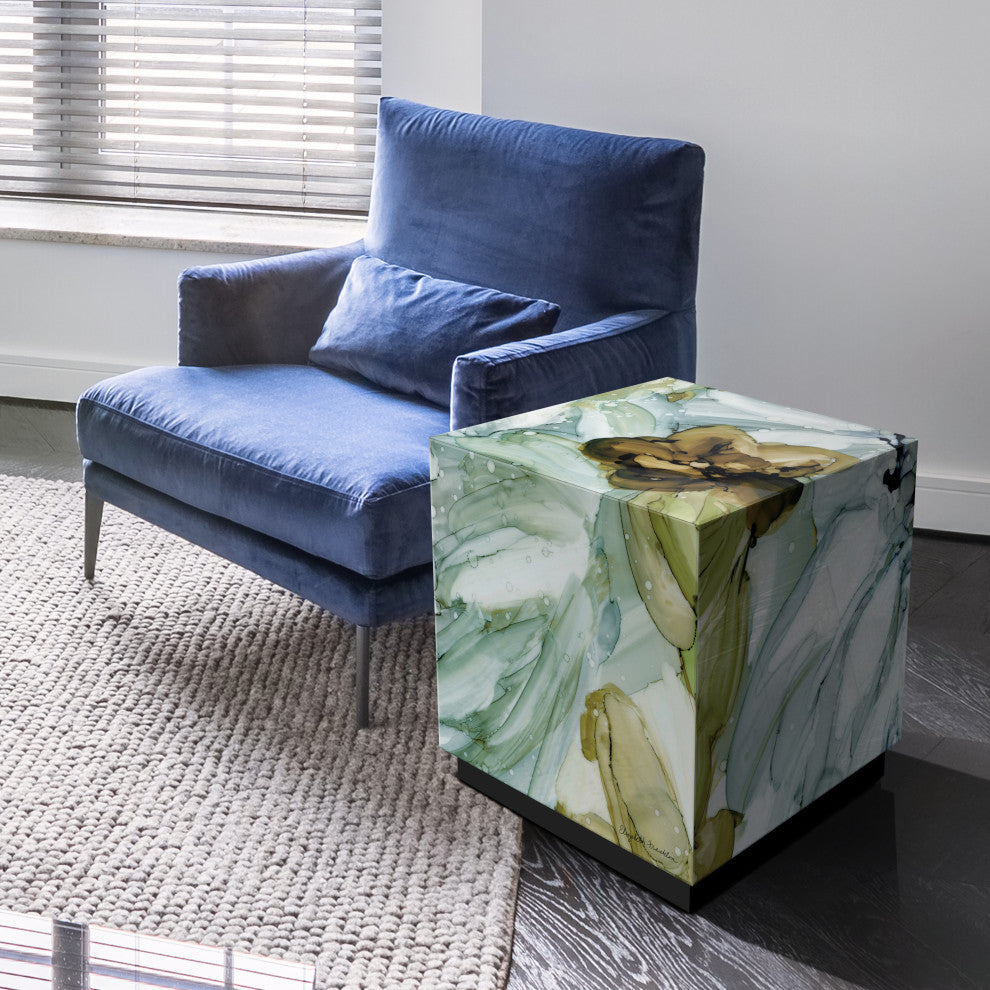 "Seaglass Garden I" Reverse Printed Art Glass Side Table with Black Plinth Base