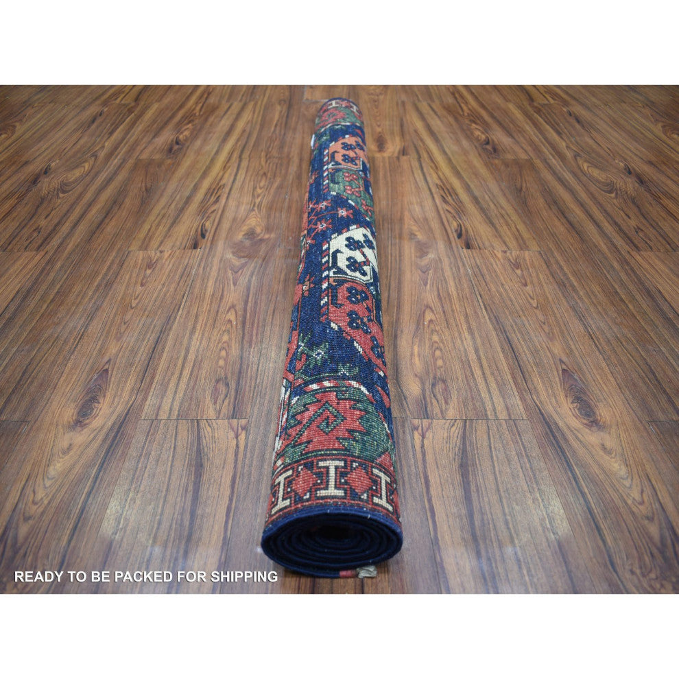 Blue Afghan Ersari with Elephant Feet Design Hand Knotted Wool Rug, 4'0" x 5'9"