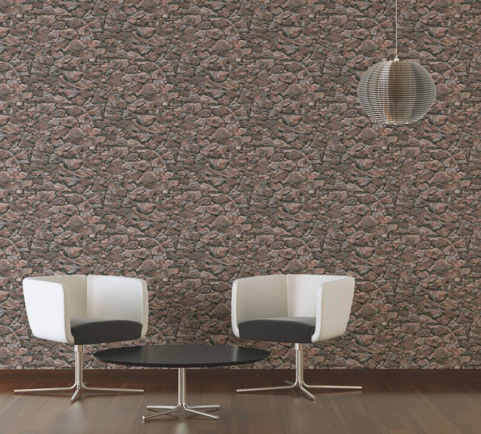 Faux Textured Wallpaper, Stones, Black Brown Red, One Roll