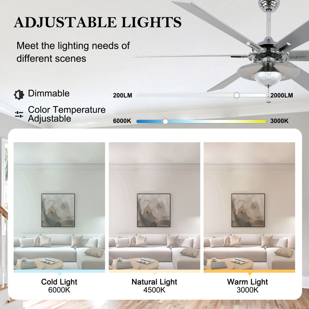 72" Antique Lagre Ceiling Fan, Wood Blades and LED Lights Kit w Crystal Shade, White