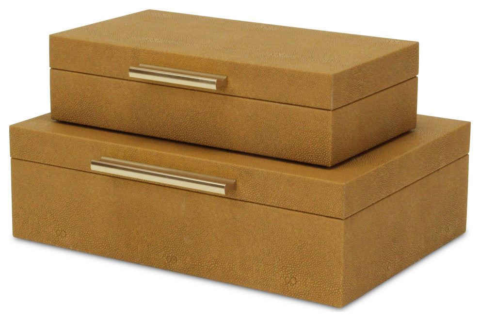 Lusan Rectangular Decorative Box Set, Camel Brown Faux Shagreen