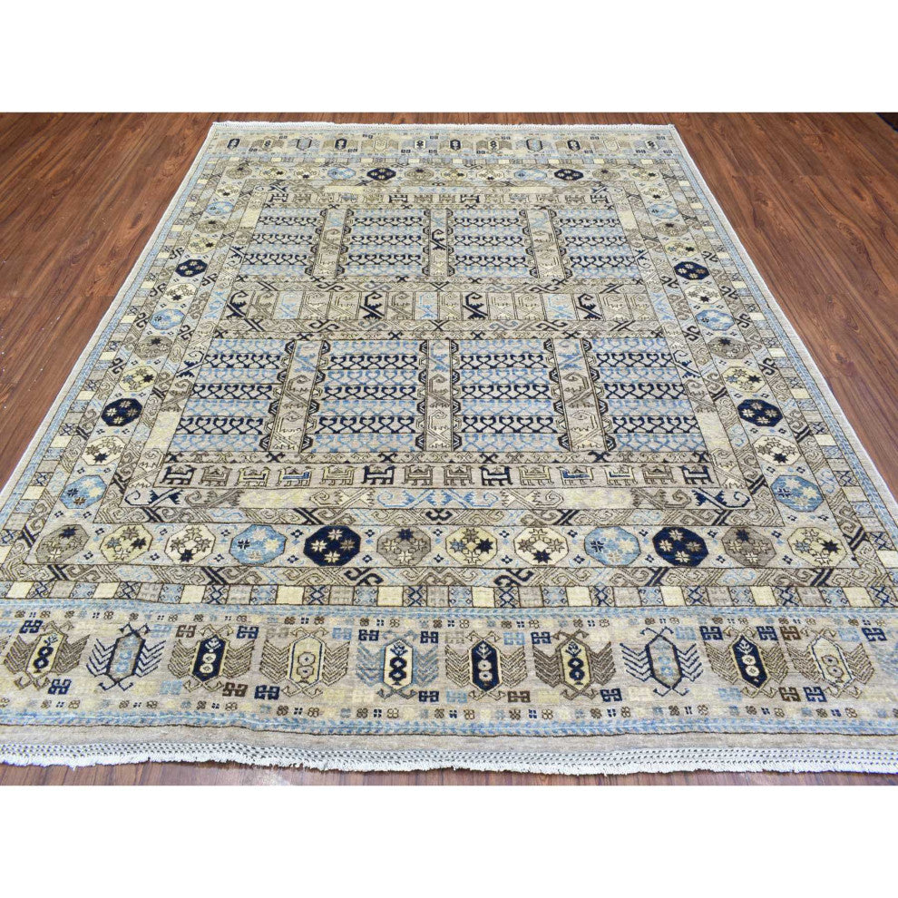Beige, Hand Knotted Afghan Ersari Soft Wool Oriental Rug, 8'0"x9'9"