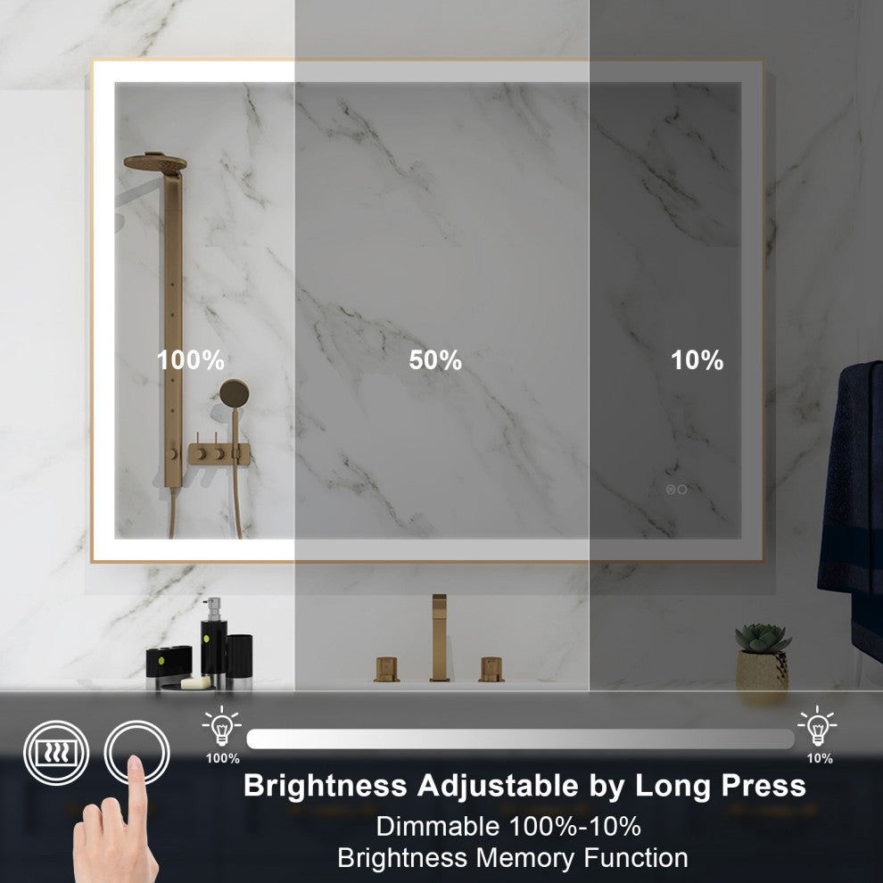 Framed LED Lighted Bathroom Vanity Mirror With Defogger, Gold, 48"x36"