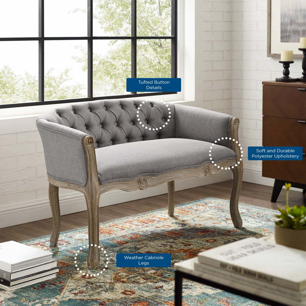 French Vintage Loveseat Sofa, Fabric, Wood, Gray, Modern, Lounge