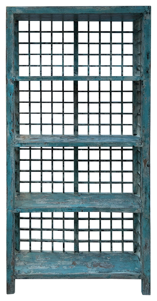 Distressed Teal Blue Green Grid Style Back Side Bookcase Display Cabinet
