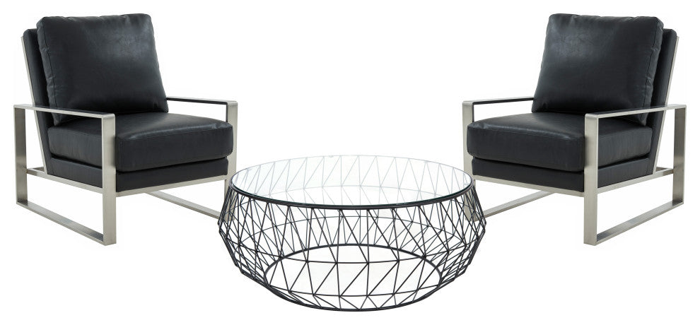 LeisureMod Jefferson 3-Piece Set With Coffee Table and 2 Arm Chairs, Black