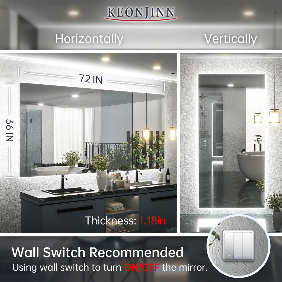 Backlit LED Mirror for Bathroom, Anti-Fog Dimmable, Silver, 72x36