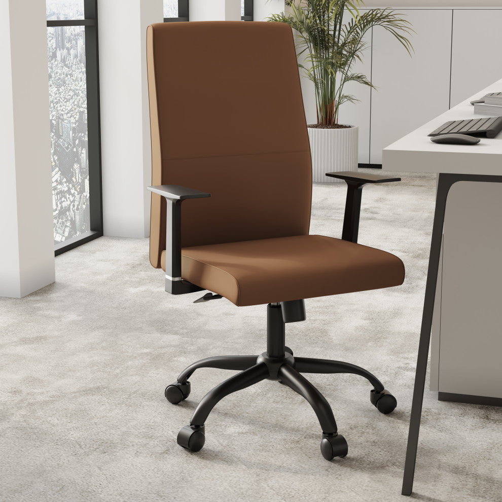 LeisureMod Evander Leather Office Chair With Adjustable Height, Dark Brown