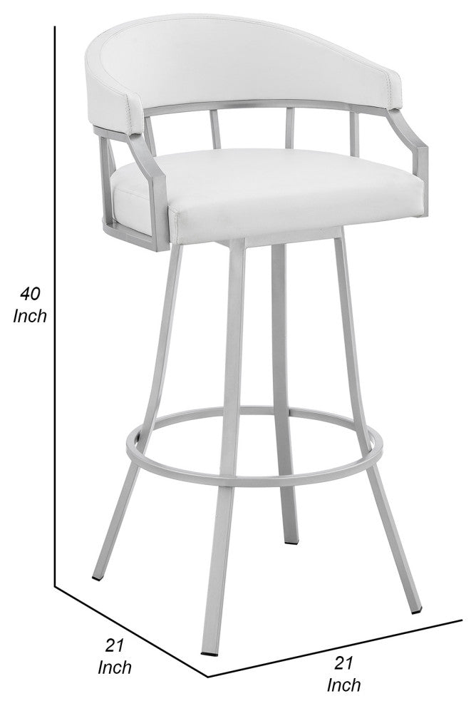 Benzara BM282044 30" Swivel Bar Stool, Silver Flared Legs, White Faux Leather