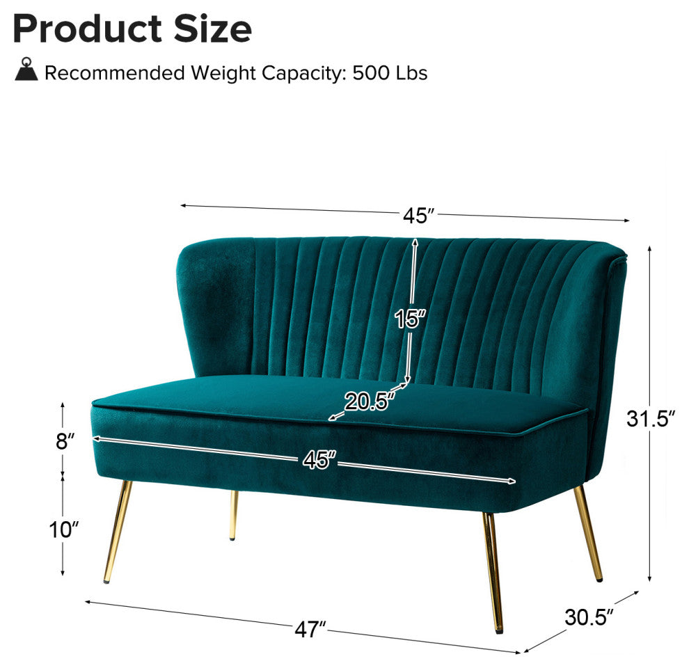 Velvet Tufted Loveseat Sofa With Golden Base, Teal