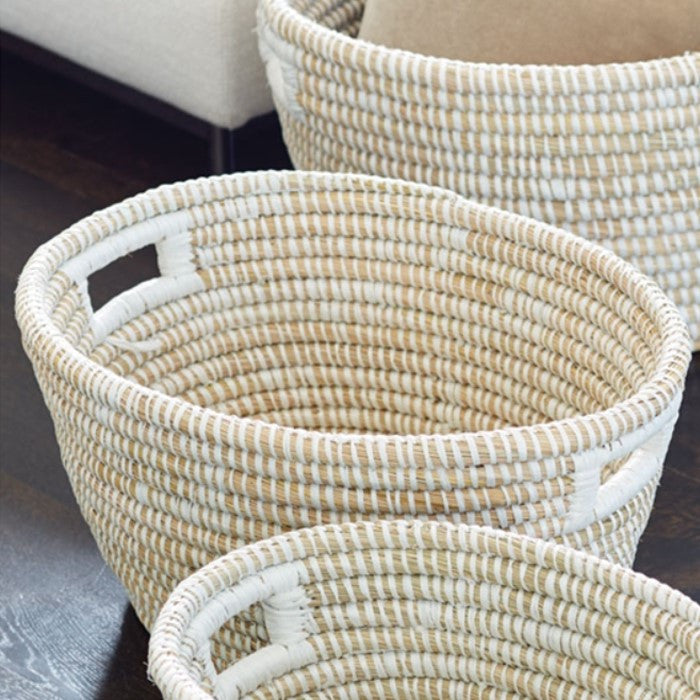 Set of 3 Woven River Grass Tote Storage Baskets 25 20 16 in Linens Natural White