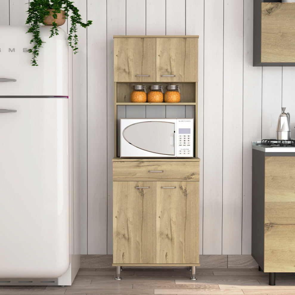 Bay Area Pantry with 2 Cabinets, Drawer, and 2 Open Shelves, Light Oak