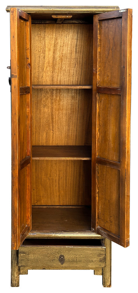 Oriental Distressed Mid Olive Green Tall Narrow Noodle Cabinet Armoire Hws4367