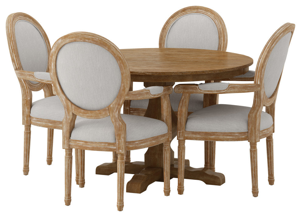 Bryan French Country Fabric Upholstered Wood 5-Piece Circular Dining Set, Natural/Light Gray