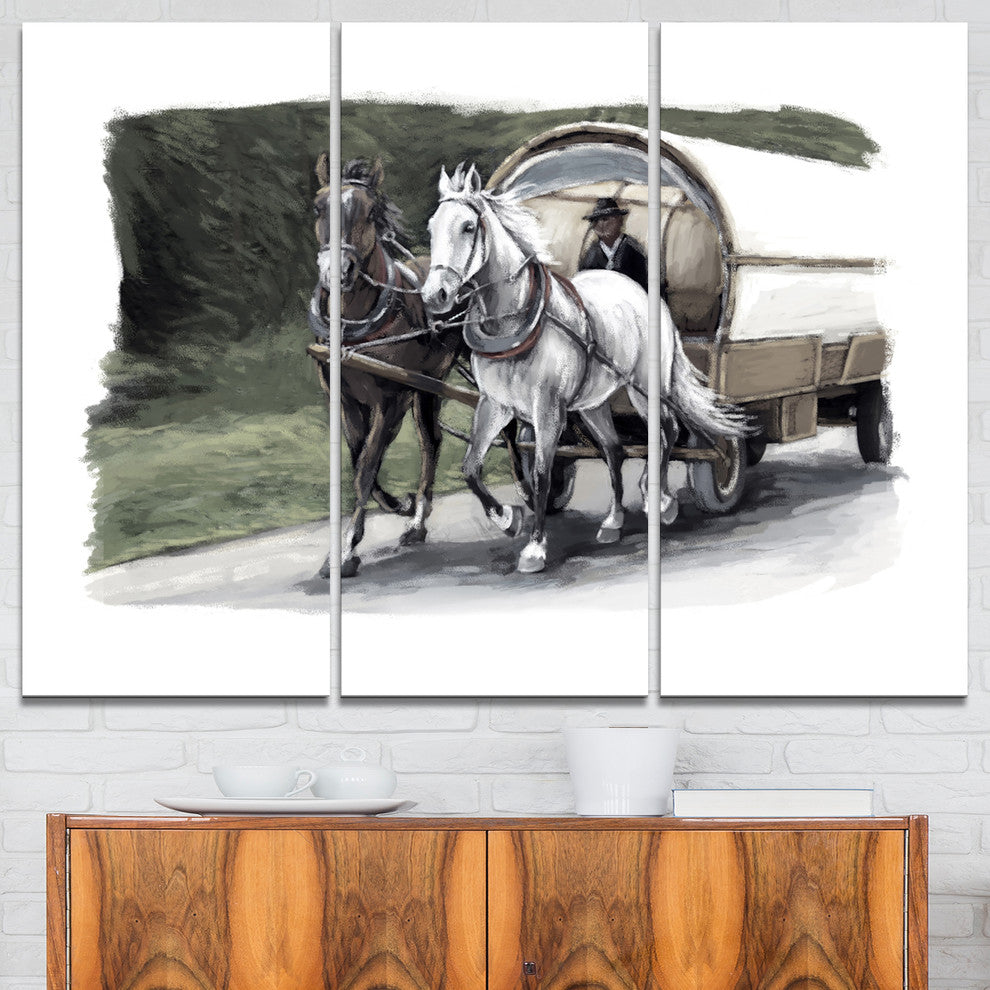"Horse Cart Black and White" Painting Canvas Art, 3 Panels, 36"x28"