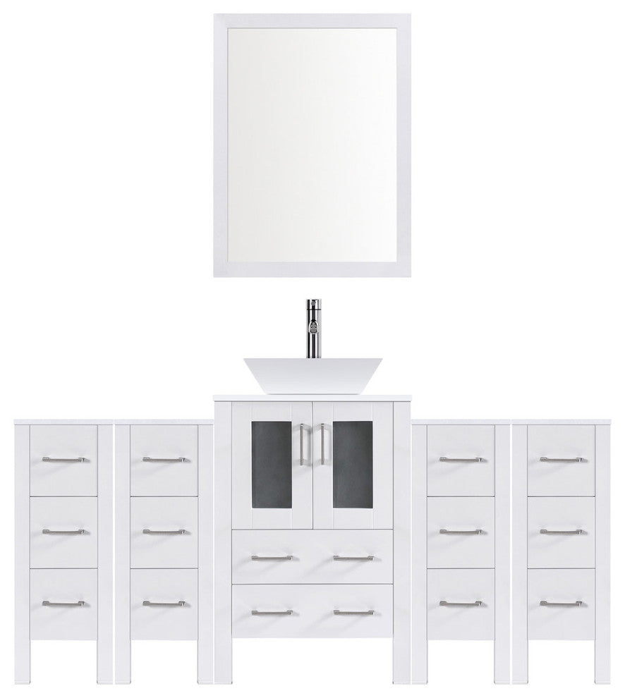 Modern Vanity Set With One Sink Base With Mirror and Four Drawer Bases, White, 7