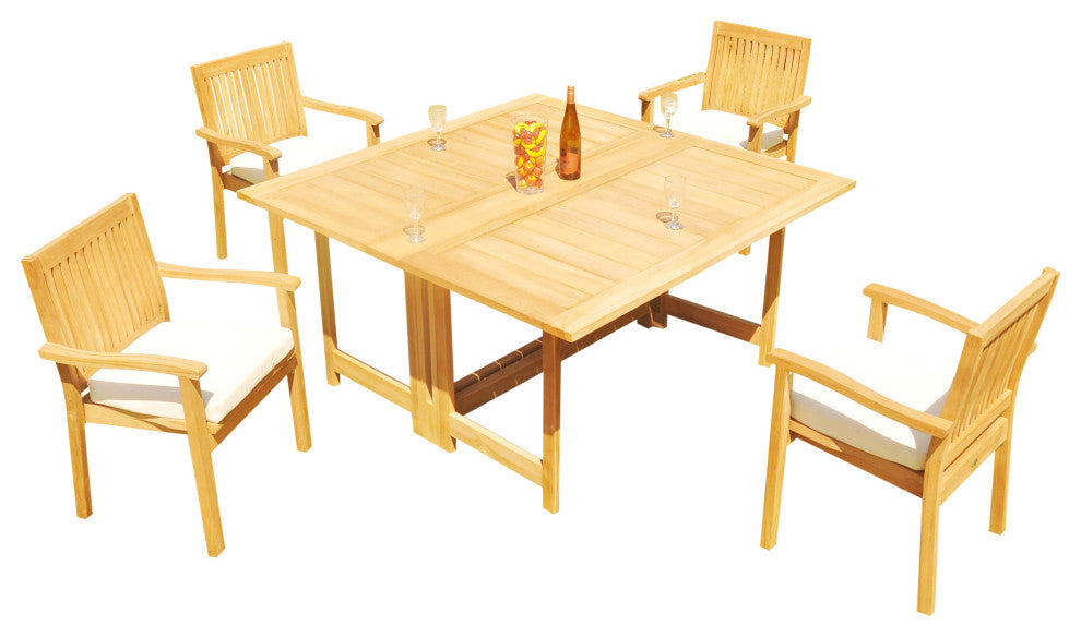 5-Piece Outdoor Teak Set: 60" Square Butterfly Table, 4 Leveb Stacking Arm Chair