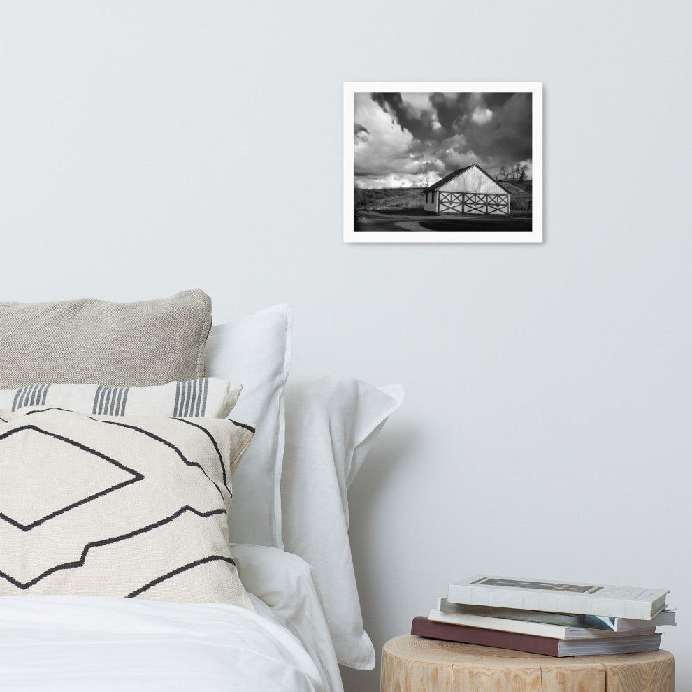 Aging Barn Morning Sun in Black and White Framed Photo Paper Wall Art Prints, White, 11" X 14"