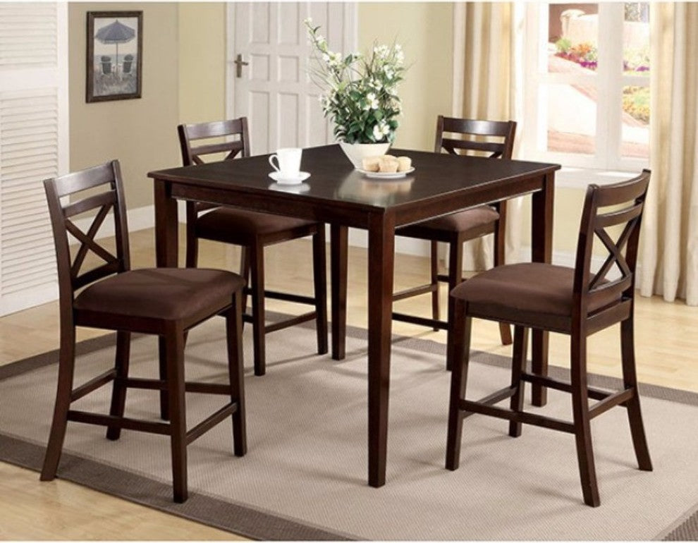 5 Piece Wooden Counter Height Table With Crossback Chairs, Espresso Brown
