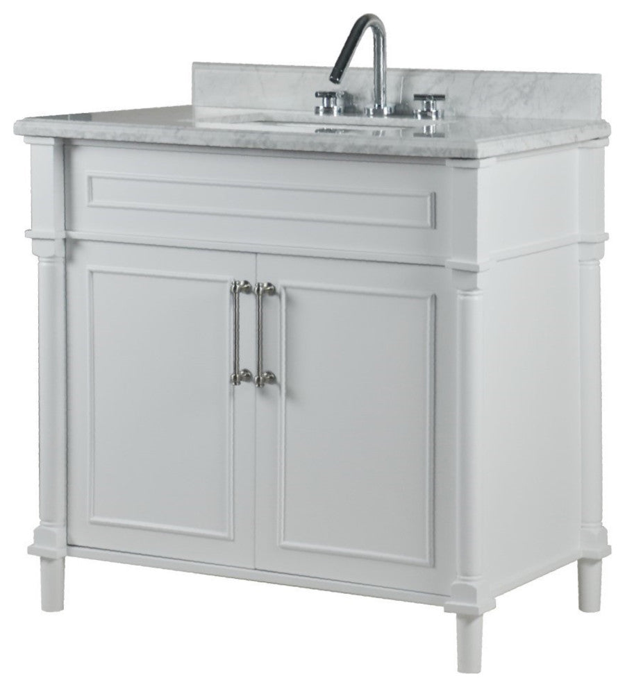 36" Single Vanity, White With White Carrara Marble Top
