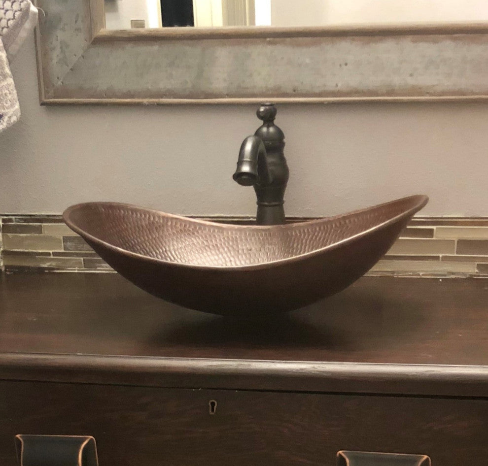 18" Oval Copper Bathroom Sink Canoa "Sleigh" Style in Brushed Sedona